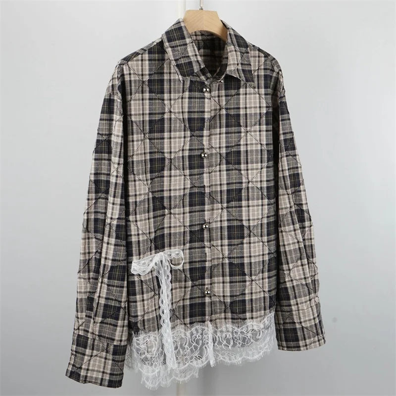 women's blouses trend 2024 Autumn new lace patchwork pure cotton long sleeved top plaid women's shirt korean popular clothes y2k