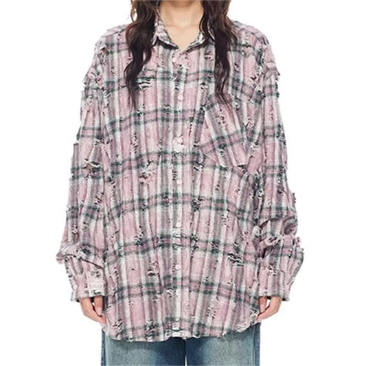 women's blouses trend 2024 autumn new Vintage Distressed pure cotton long sleeved top Fashion plaid Women's shirt y2k Women top